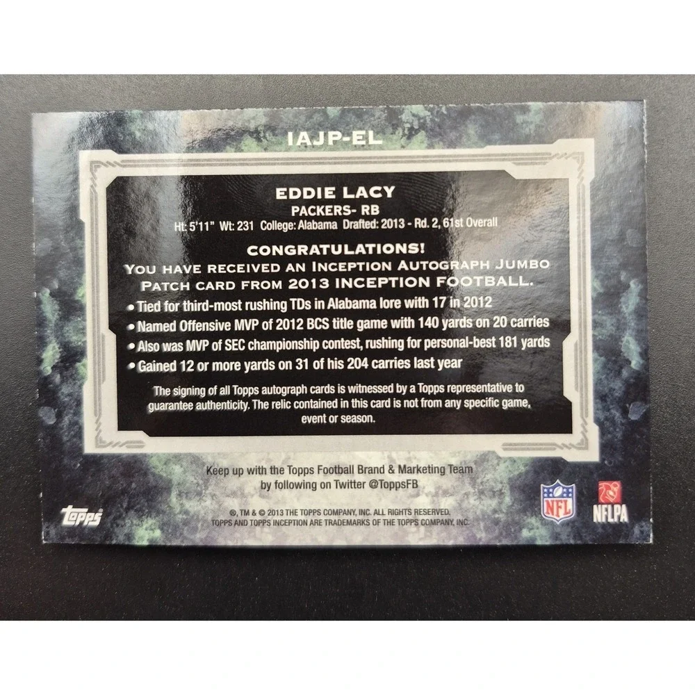 2013 Topps Inception Eddie‎ Lacy #IAJP-EL Autograph Jumbo Patch Purple /50